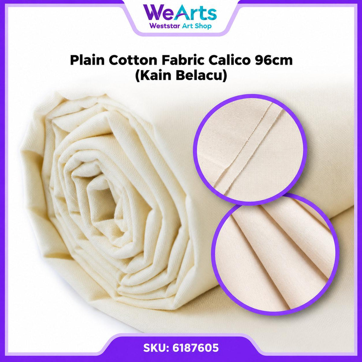 Kain Belacu Plain Cotton Fabric Calico Fabric Kain Cotton DIY Kain Rentang Klasik - 96cm