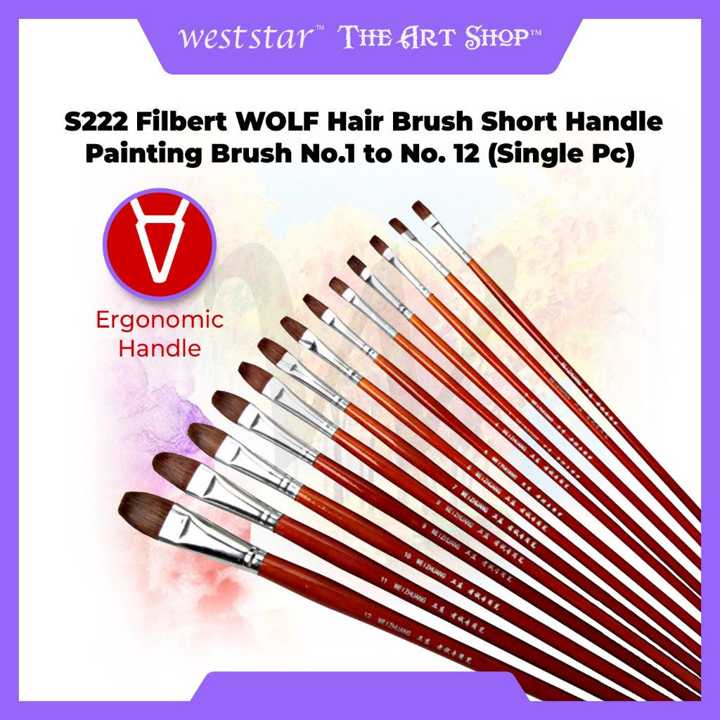 S222 Filbert WOLF Hair Brush Short Handle Painting Brush No.1 to No. 12 (Single Pc)