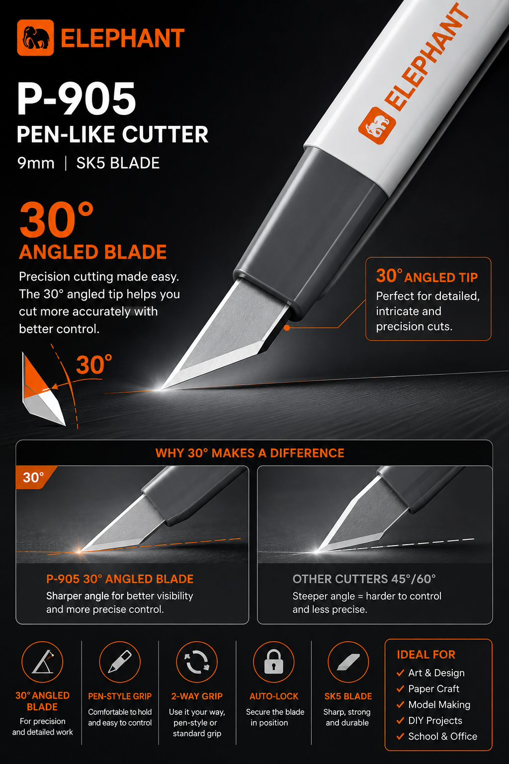 [WE-ARTS] Elephant P-905 9mm Pen Like Cutter 30° Angled Blade Precision Cutter