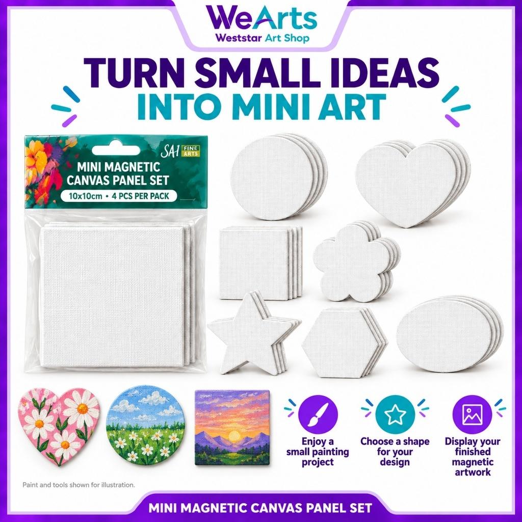 [WEARTS] Mini Magnetic Canvas Panel Set 10x10cm 4pcs | 7 Shapes DIY Painting Canvas Fridge Magnet Art Craft for Beginner