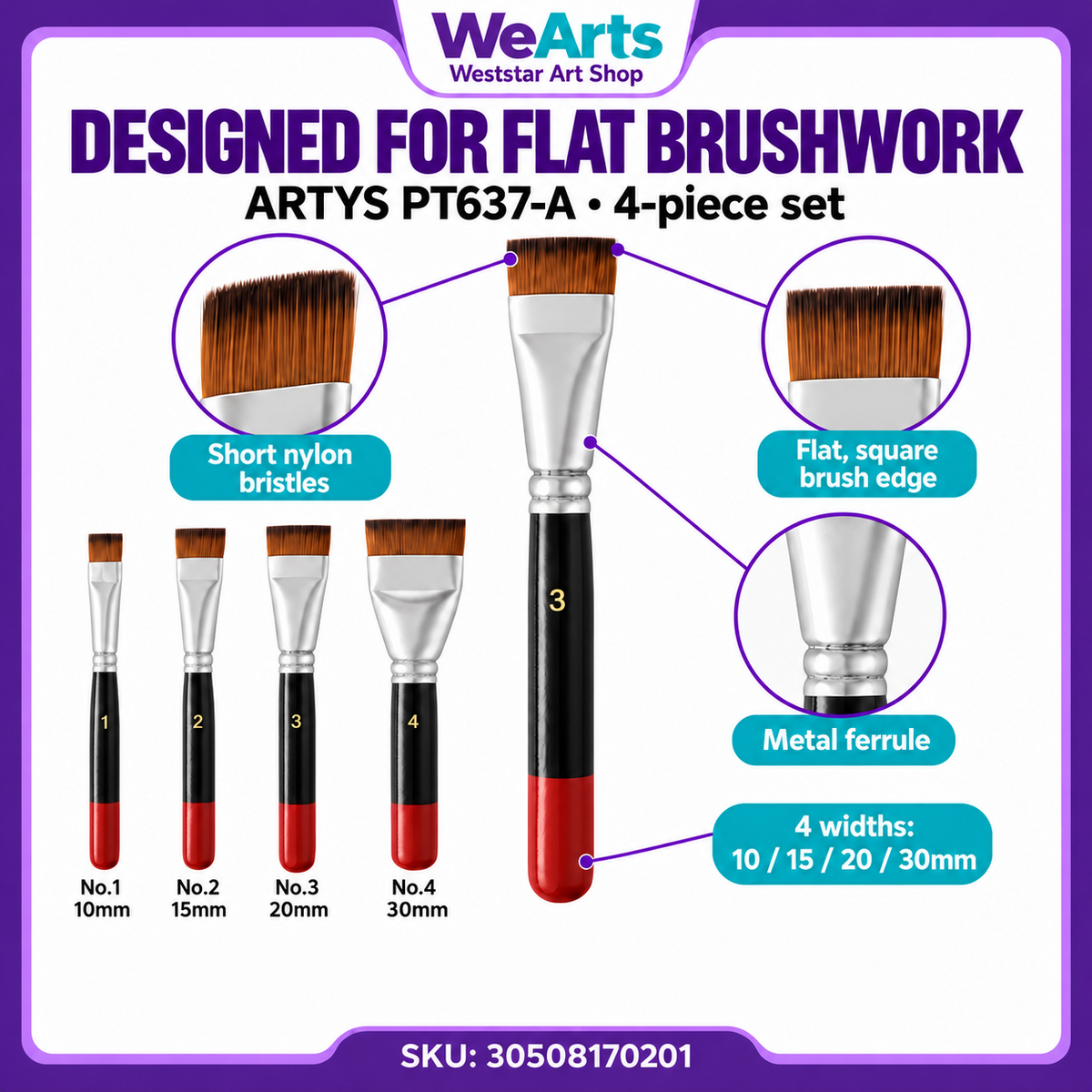 Short-Bristle Flat Nylon Paint Brush 4pcs Set PT637-A | Synthetic Painting Brushes for Acrylic Canvas Art DIY