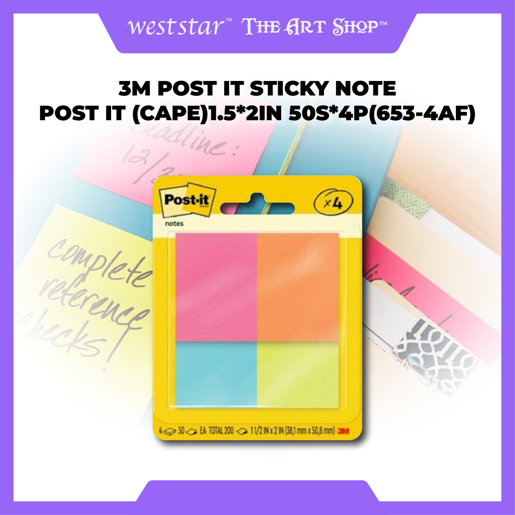 [WESTSTAR] 3M Post-it Notes (Cape) 1.5*2in, Sticky Note , Stickey Notes - (653-4AF) 50s*4pcs