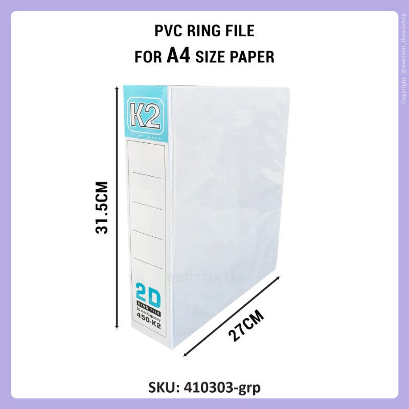 K2 A4 2D PVC Ring File 2D File 25mm, 40mm 50mm, 65mm