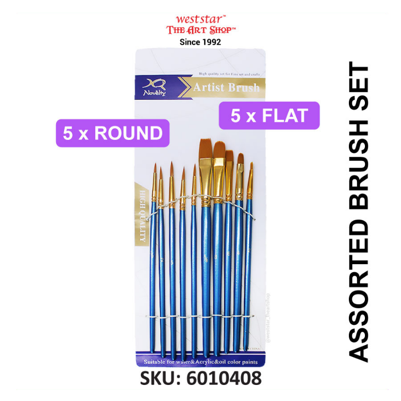XQ Nylon Brush Set , Assorted Brush Set , Painting Brush 10pcs (5 Round + 5 Flat)