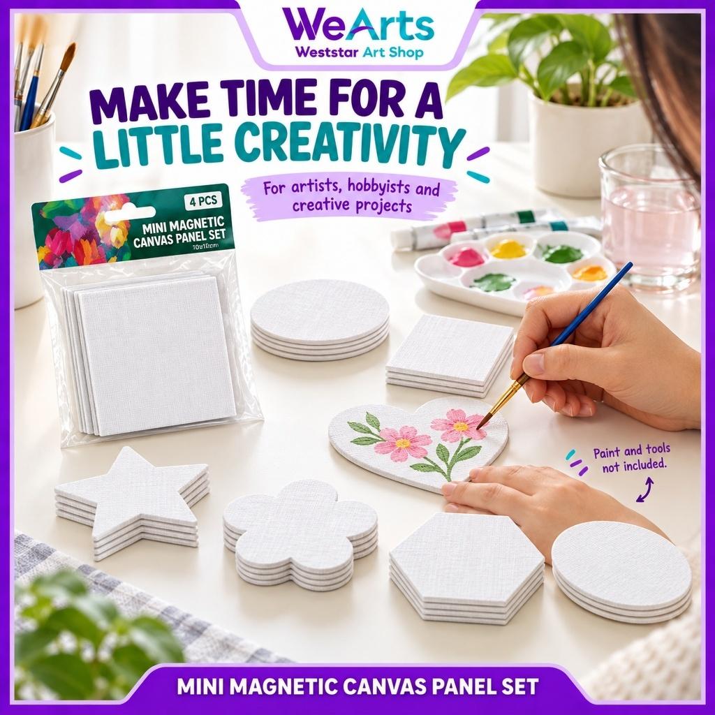 [WEARTS] Mini Magnetic Canvas Panel Set 10x10cm 4pcs | 7 Shapes DIY Painting Canvas Fridge Magnet Art Craft for Beginner