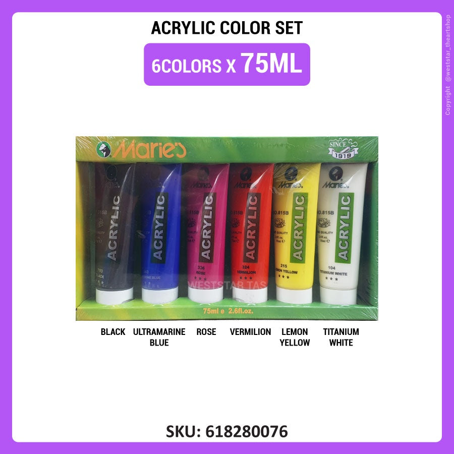 MARIES Acrylic Paint set 6 Col, Arcylic Paint Set,Acrylic Colour,Cat Arkilik,Akrilik Colour,Cat Akrilik Set Art Painting