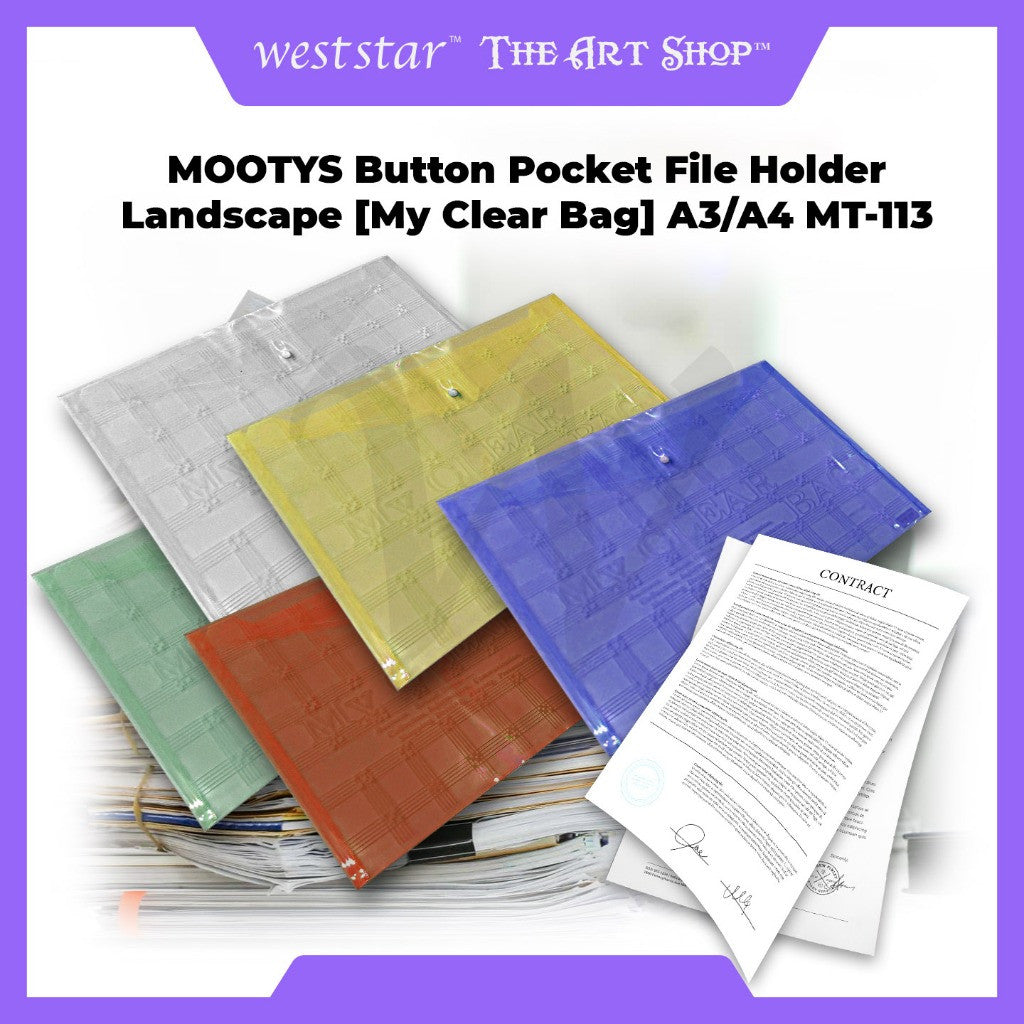 MOOTYS A4/A3 Button Pocket File Landscape Button My Clear Bag Document File Transparent File Holder A3/A4 MT-113