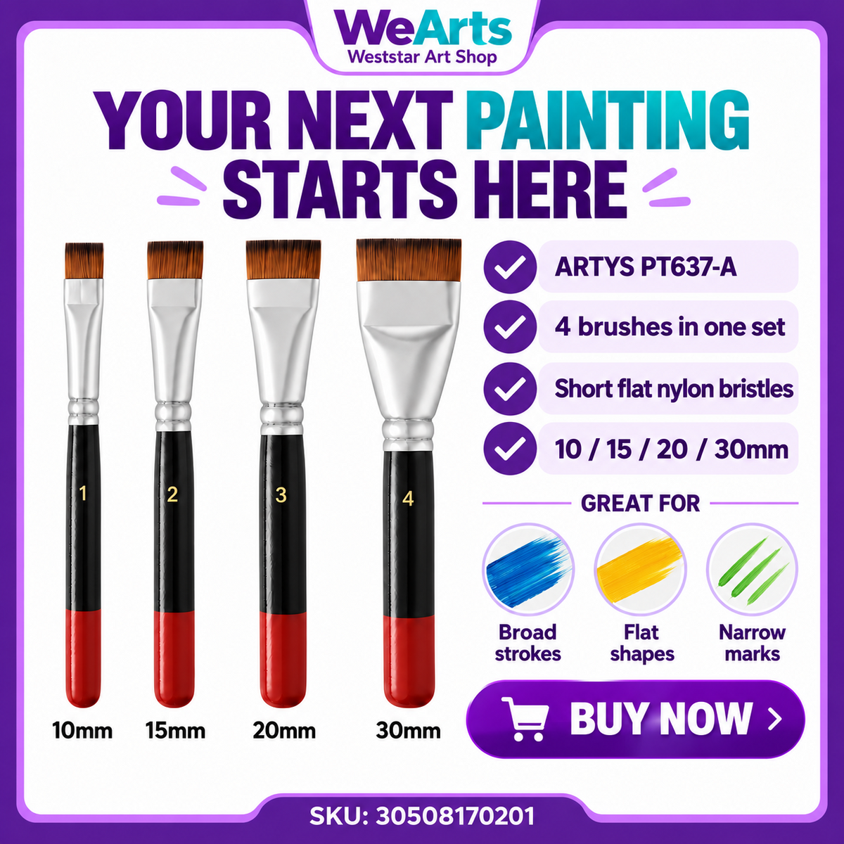 Short-Bristle Flat Nylon Paint Brush 4pcs Set PT637-A | Synthetic Painting Brushes for Acrylic Canvas Art DIY