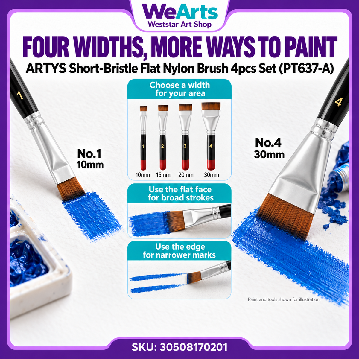 Short-Bristle Flat Nylon Paint Brush 4pcs Set PT637-A | Synthetic Painting Brushes for Acrylic Canvas Art DIY