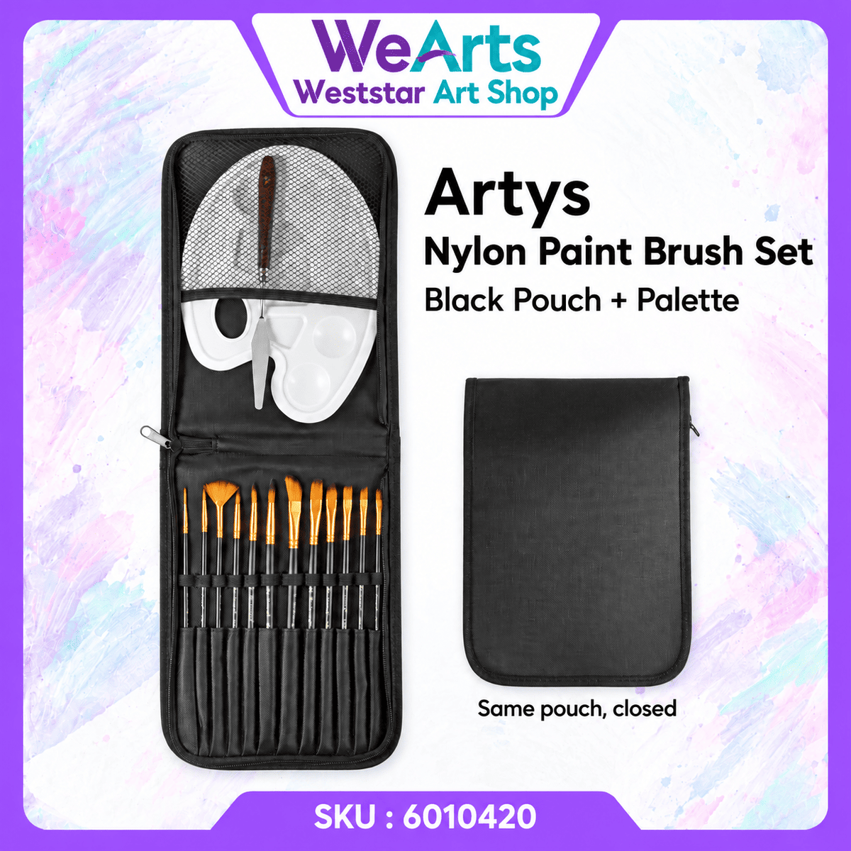 Artys Nylon Paint Brush Set with Black Pouch Palette and Palette Knife