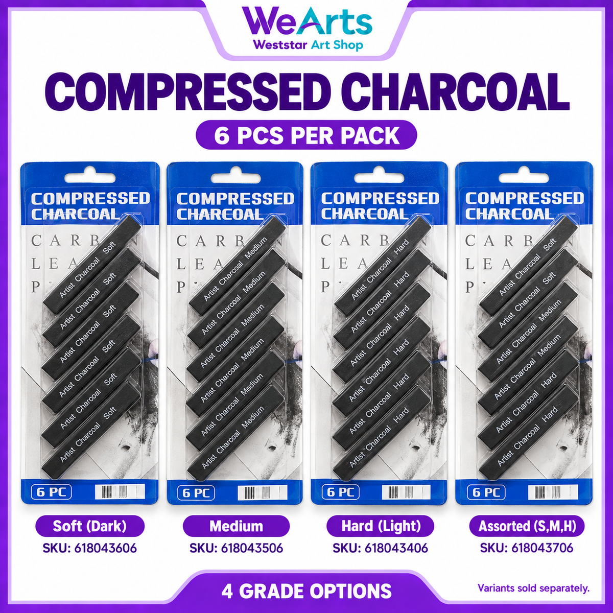 [WESTSTAR] Sketch Compressed Charcoal Sticks Square (Soft/Medium/Hard) Set For Artist Drawing