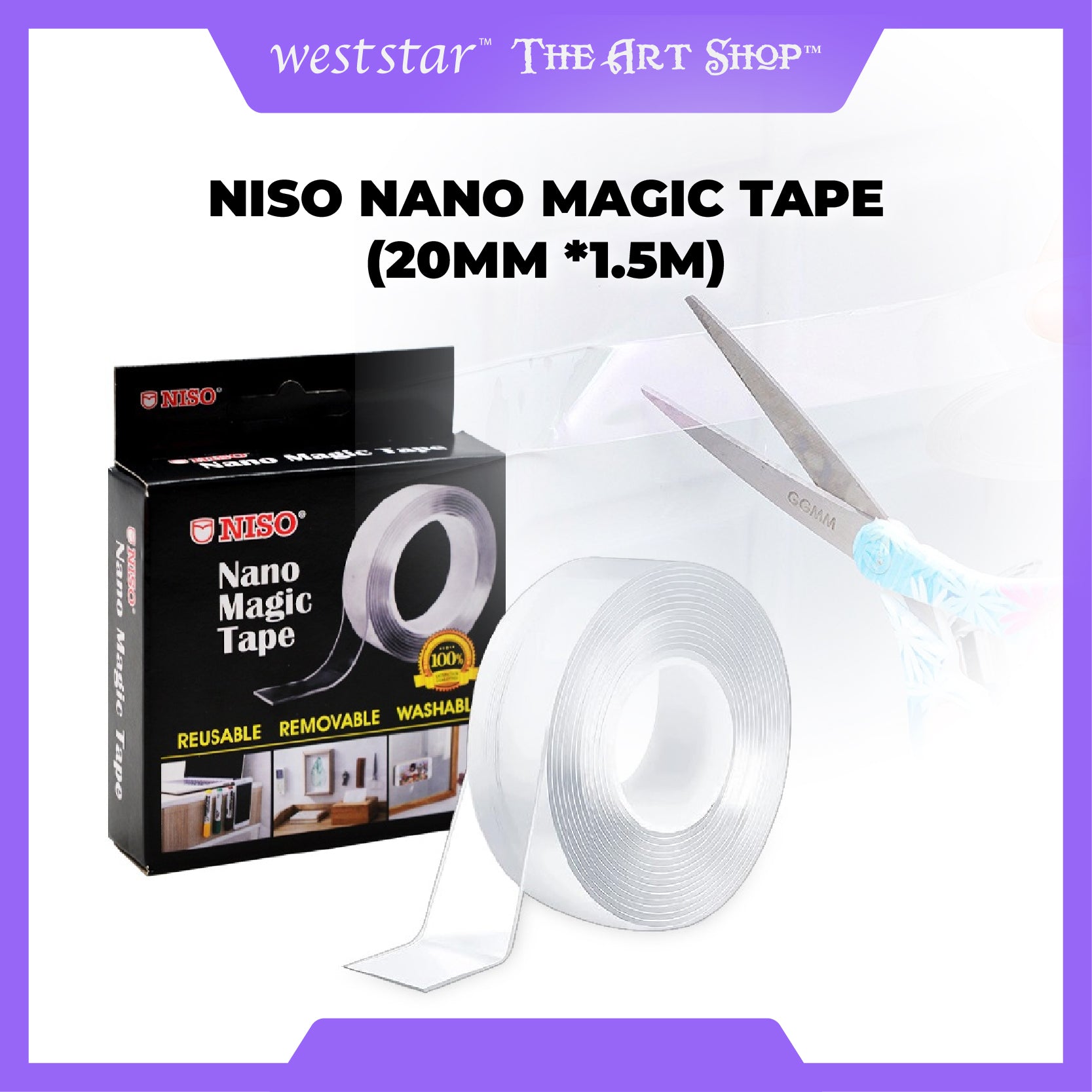 [WESTSTAR] NISO Nano Magic Tape (20mm *1.5m) / Double Sided Nano Adhesive Tape / Reusable Double Tape / Transparent Tape / Double Tape