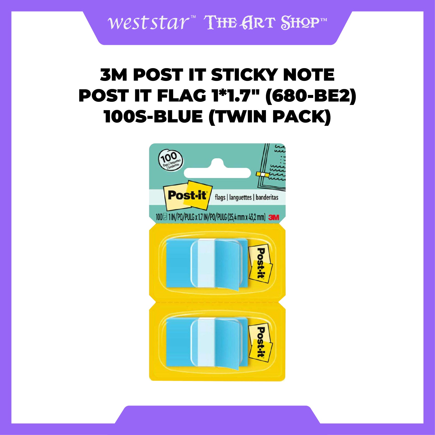 [WESTSTAR] 3M Post It Sticky Note / Sticky Notes / Post It Flag 1*1.7" (680-BE2) 100s-BLUE (Twin Pack)