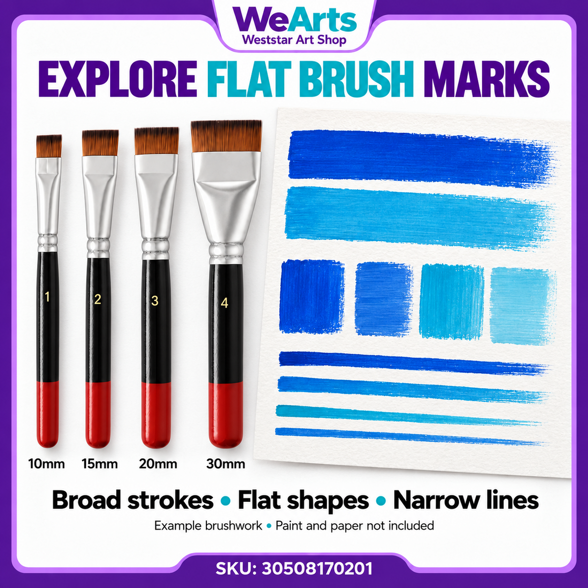 Short-Bristle Flat Nylon Paint Brush 4pcs Set PT637-A | Synthetic Painting Brushes for Acrylic Canvas Art DIY