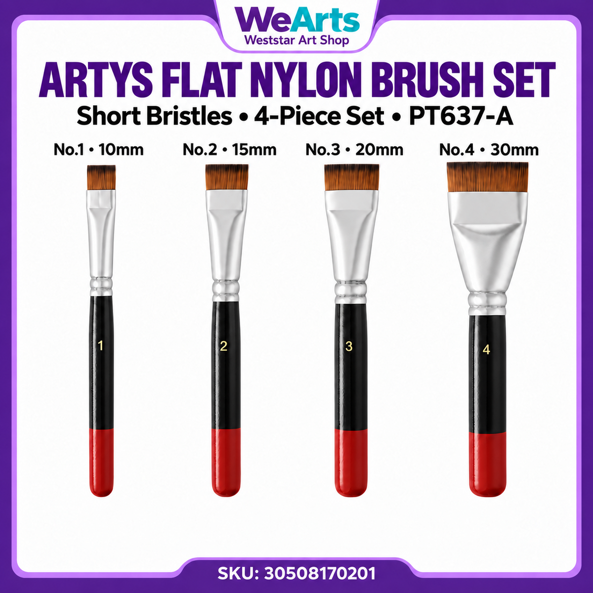 Short-Bristle Flat Nylon Paint Brush 4pcs Set PT637-A | Synthetic Painting Brushes for Acrylic Canvas Art DIY