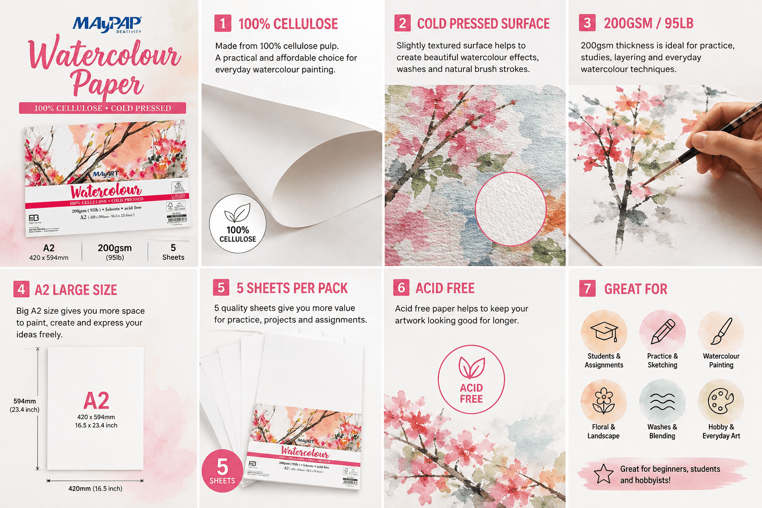 MAyART Watercolour Paper 100% Cellulose  A2 size 5s 200g (FB-SERIES) MA00726