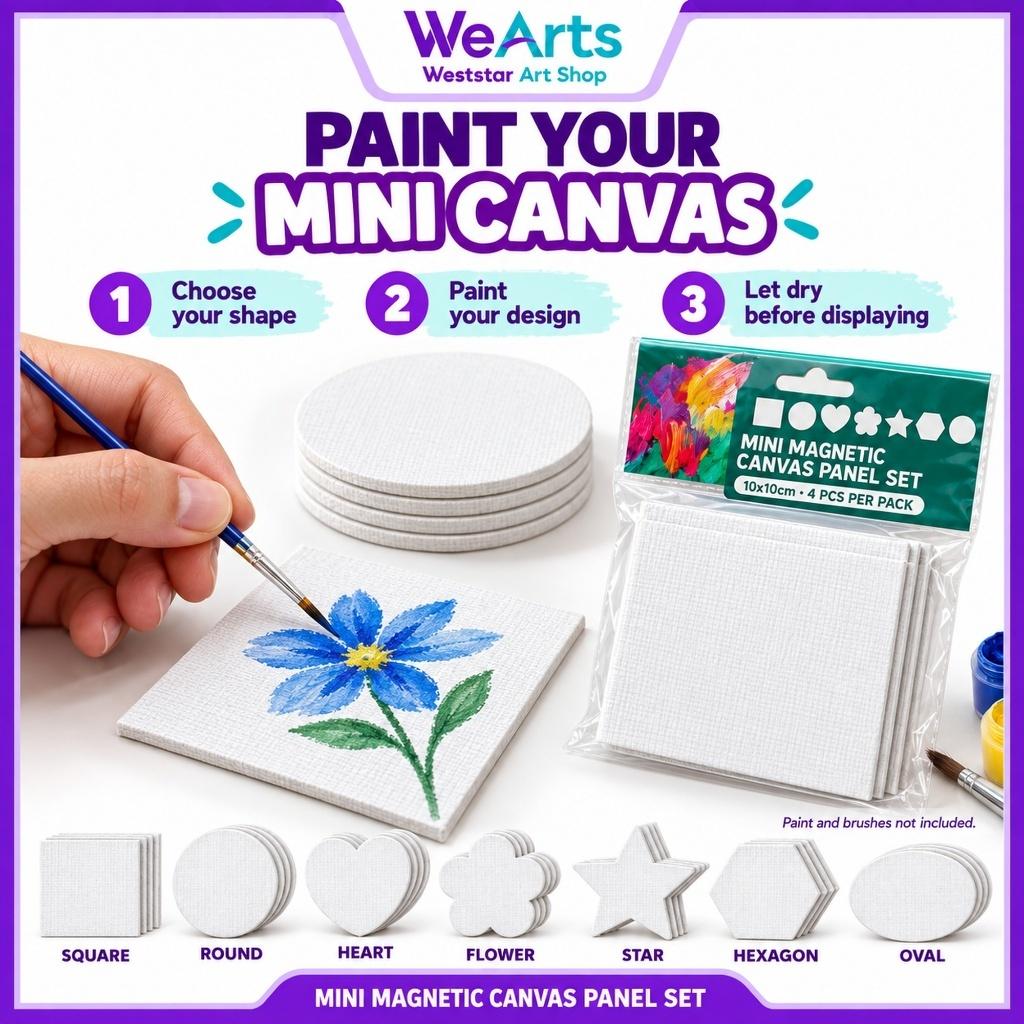 [WEARTS] Mini Magnetic Canvas Panel Set 10x10cm 4pcs | 7 Shapes DIY Painting Canvas Fridge Magnet Art Craft for Beginner