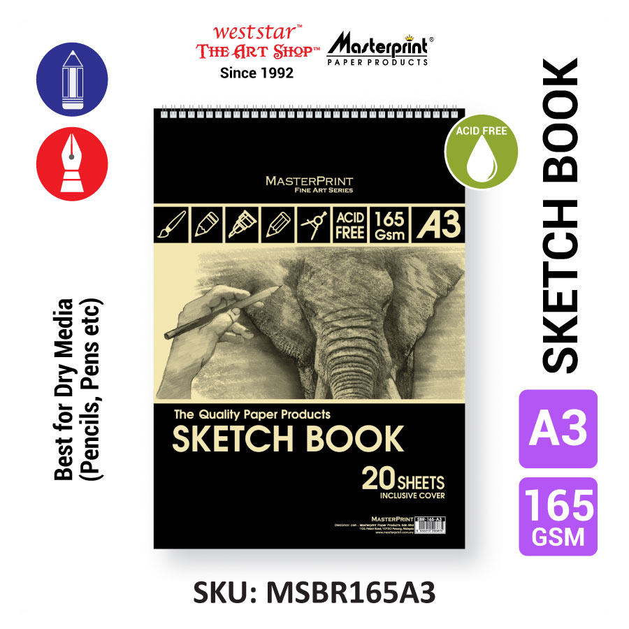 A3 Masterprint Sketch Book (18sheets) - 135gsm , 165gsm , 200gsm (ACID FREE)
