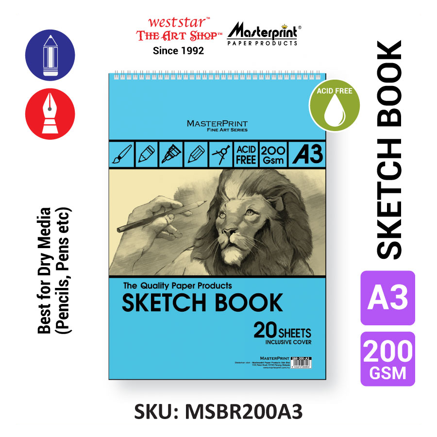 A3 Masterprint Sketch Book (18sheets) - 135gsm , 165gsm , 200gsm (ACID FREE)