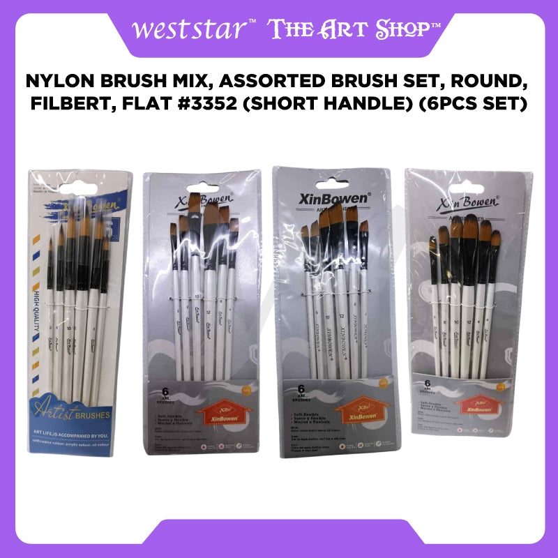 [WESTSTAR] Nylon Brush Mix, Assorted Brush Set, Round, Filbert, Flat #3352 (Short Handle) (6pcs Set)