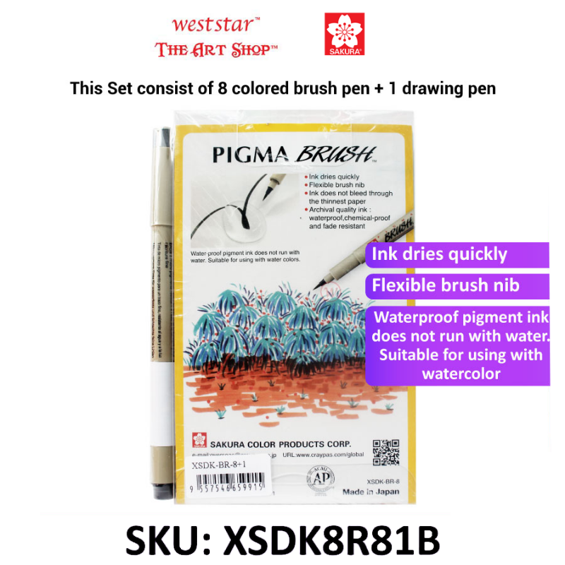 Sakura Pigma Brush Pen Set + 1 Drawing Pen (XSDKBR8+1)