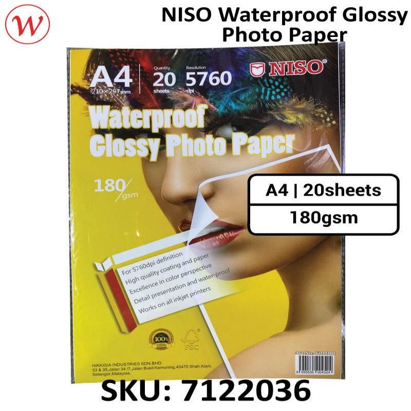 Niso Inkjet Waterproof Glossy Photo Paper 20sheets |A4 - 180gsm