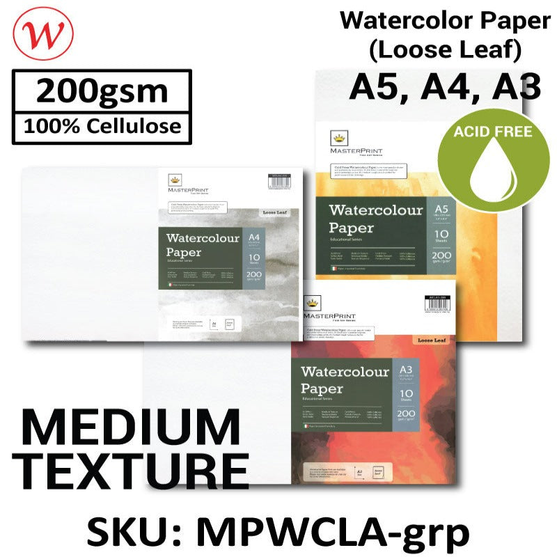 Masterprint Watercolour Paper (Loose Leaf) 10sheets | | 200g (COLD PRESS, 100% Cellulose)