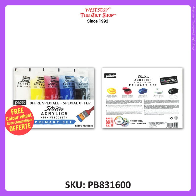 Pebeo Studio Acrylic Set, Primary Color Set (Free  Color Wheel) (5colors x 100ml)