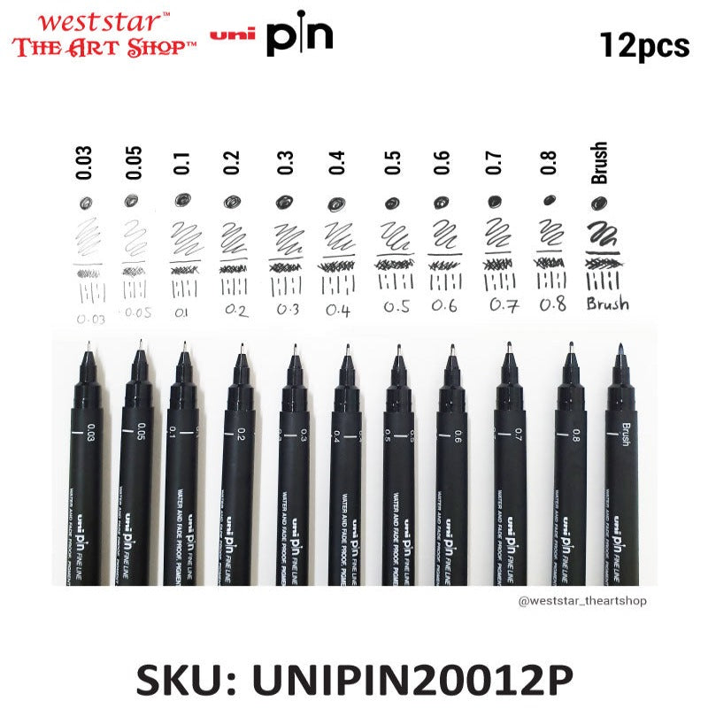 Uni Pin Fineliner Drawing Pen (0.03-0.8 + brush) | 12pcs Set