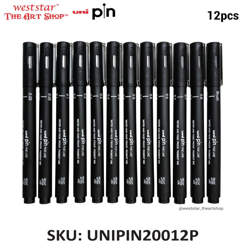Uni Pin Fineliner Drawing Pen (0.03-0.8 + brush) | 12pcs Set