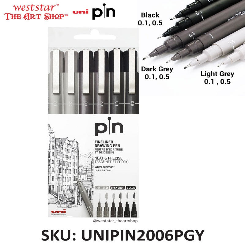 Uni Pin Fineliner Drawing Pen | 6pcs Set (Grey + Black)